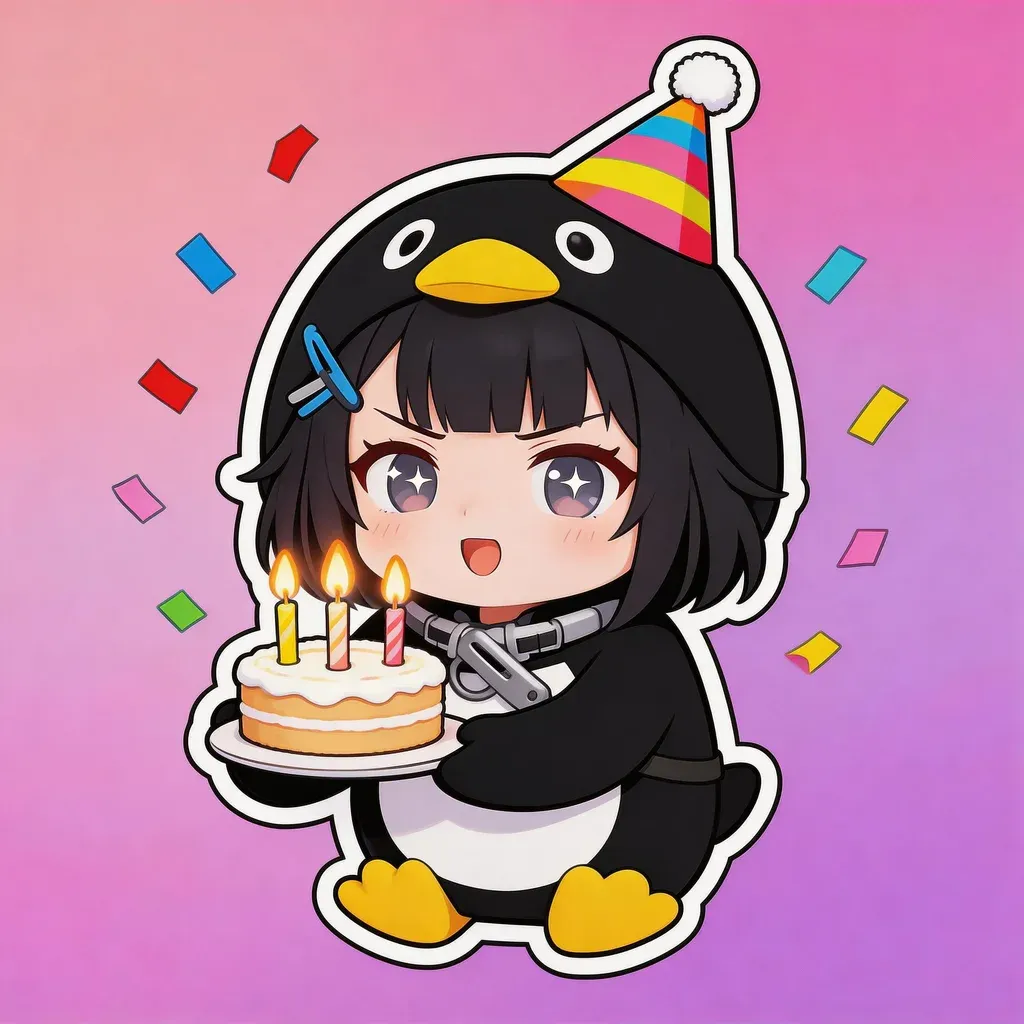 Gugu Gaga Penguin birthday meme — wearing party hat blowing out candles with confetti