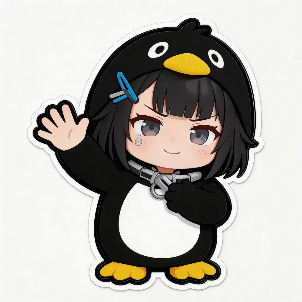 Gugu Gaga Penguin goodbye sticker — waving farewell with sweet slightly sad expression