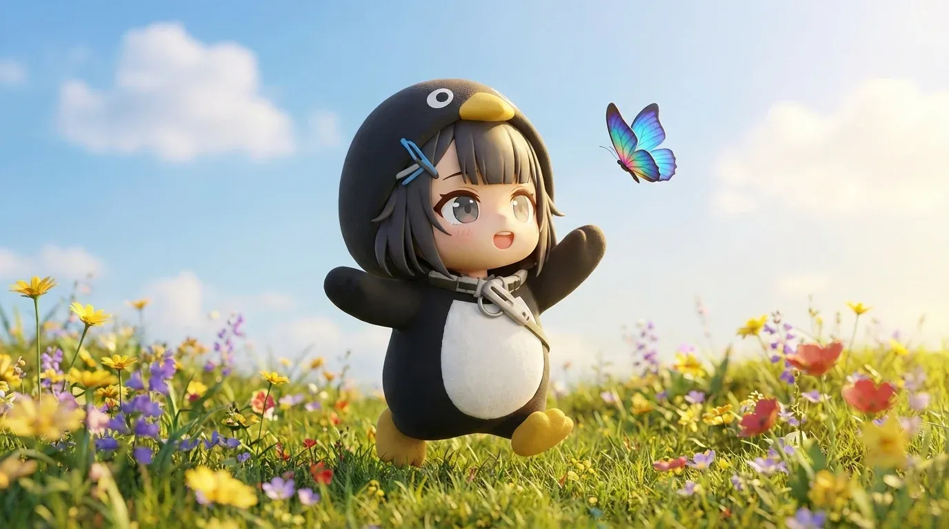 Gugugaga Penguin wallpaper — chasing butterflies in flower meadow
