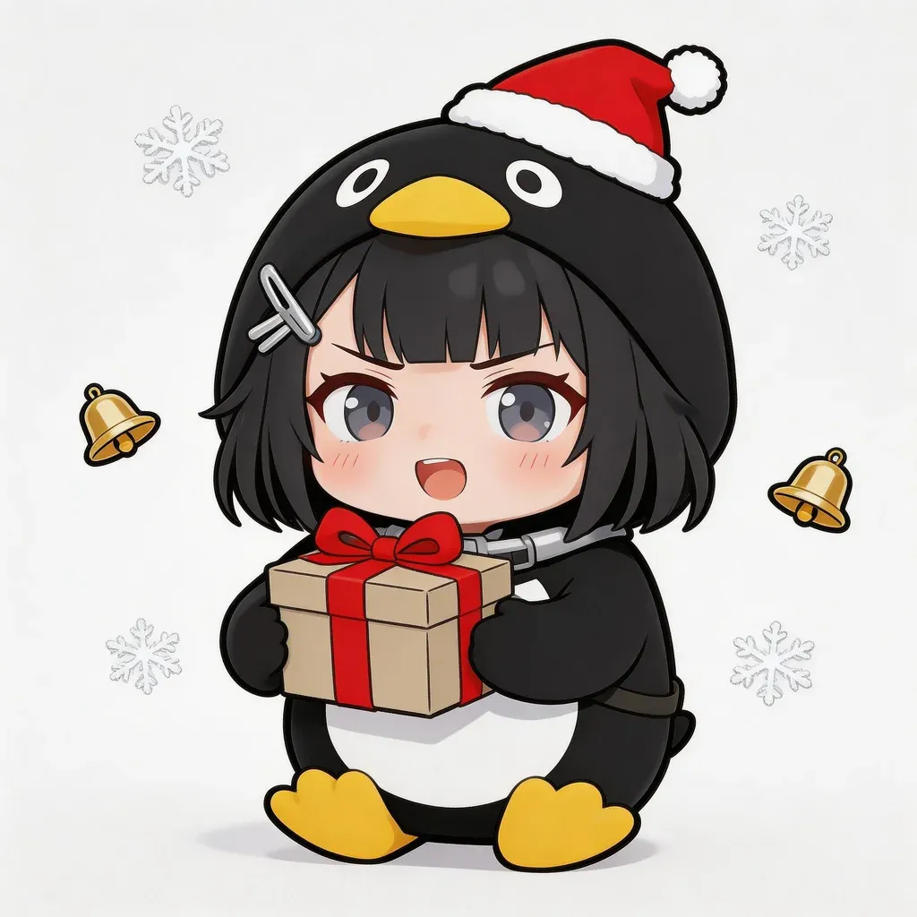 Gugu Gaga Penguin Christmas meme — wearing Santa hat holding gift box with snowflakes