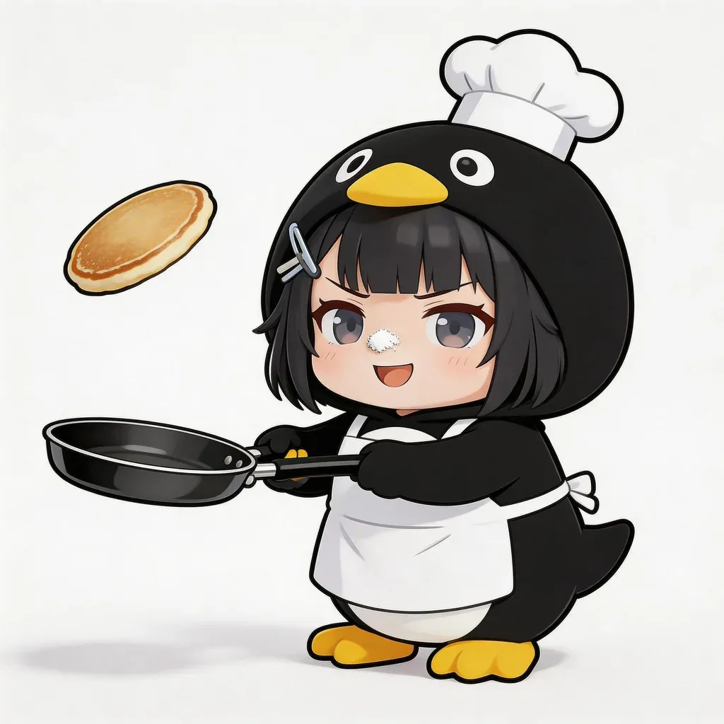 Gugu Gaga Penguin cooking meme — wearing chef hat flipping pancake with flour on nose