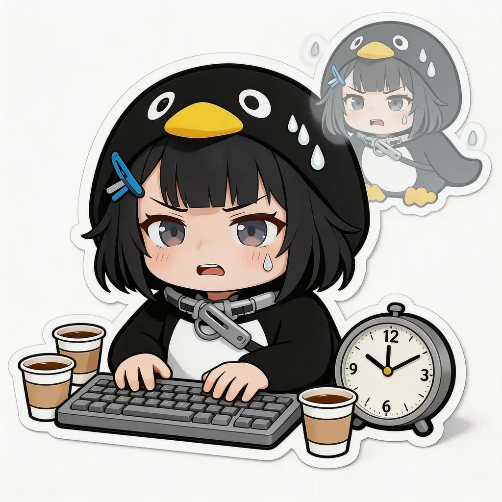 Gugu Gaga Penguin deadline meme — panicked typing at midnight with multiple coffee cups