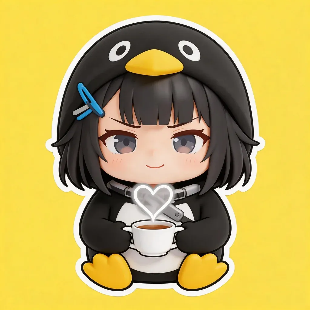 Gugu Gaga Penguin drinking tea meme — relaxed holding tiny cup with heart-shaped steam