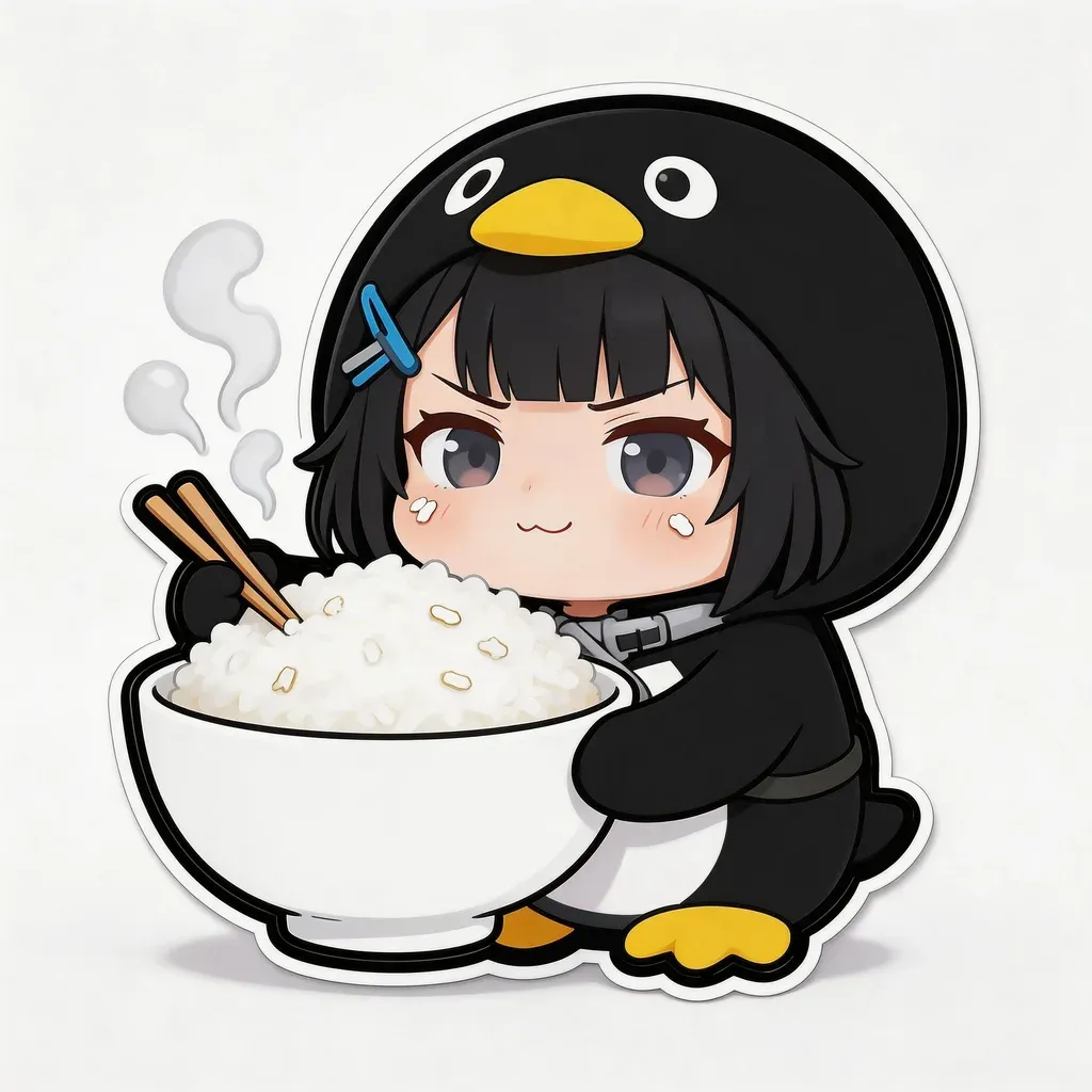 Gugu Gaga Penguin eating meme — holding giant rice bowl with cheeks stuffed like hamster