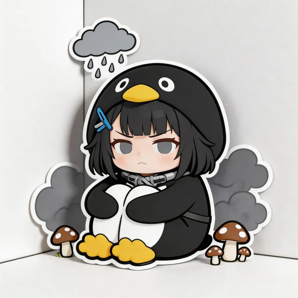Gugu Gaga Penguin emo mood meme — sitting in corner with dark cloud and mushrooms