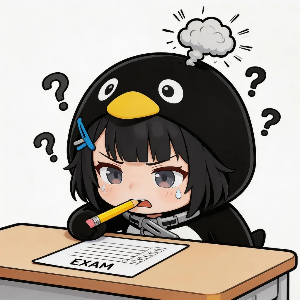 Gugu Gaga Penguin exam meme — desperate eyes staring at paper with brain exploding