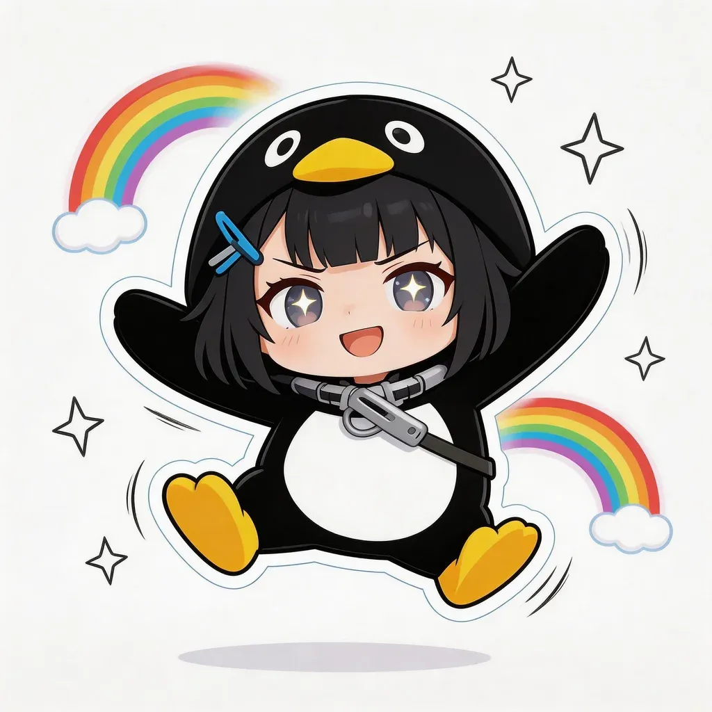 Gugu Gaga Penguin excited mood meme — jumping high with rainbow and stars burst