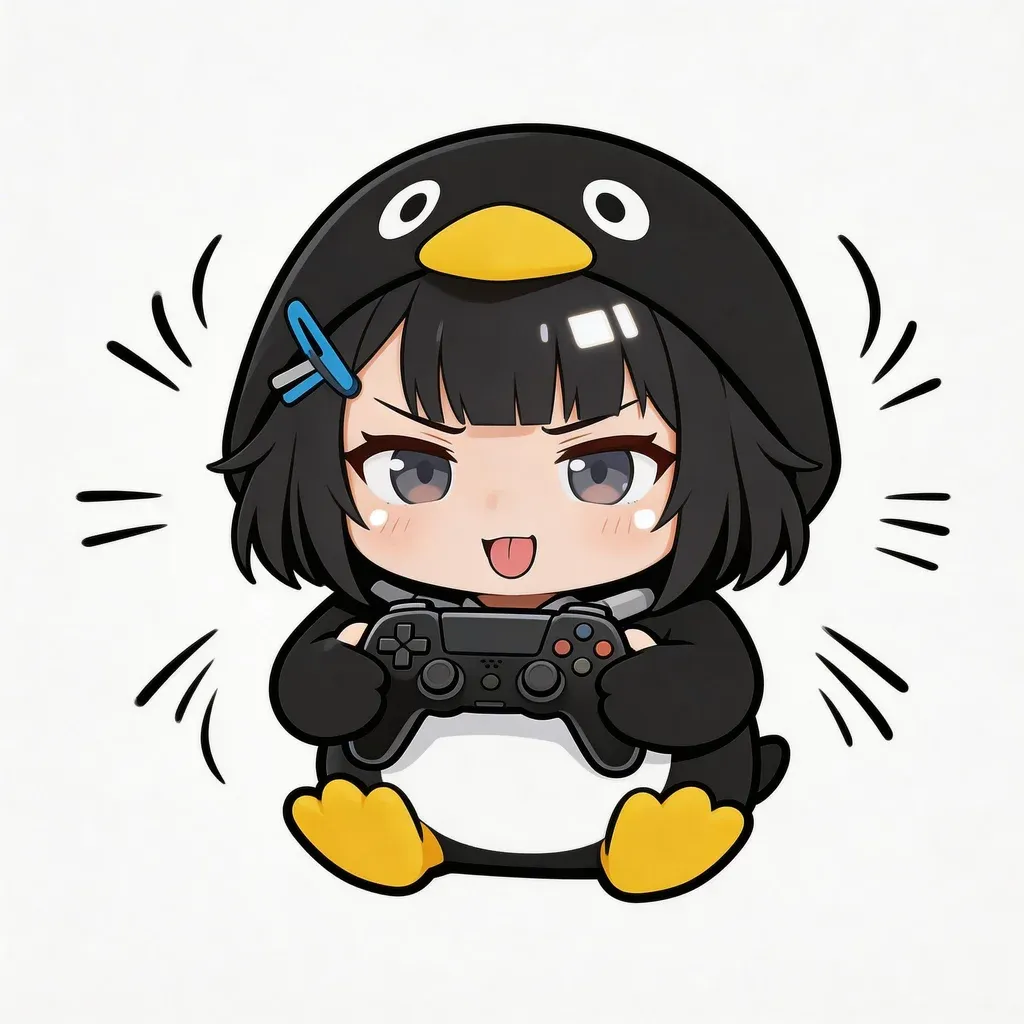Gugu Gaga Penguin gaming meme — intense focus holding controller with tongue out