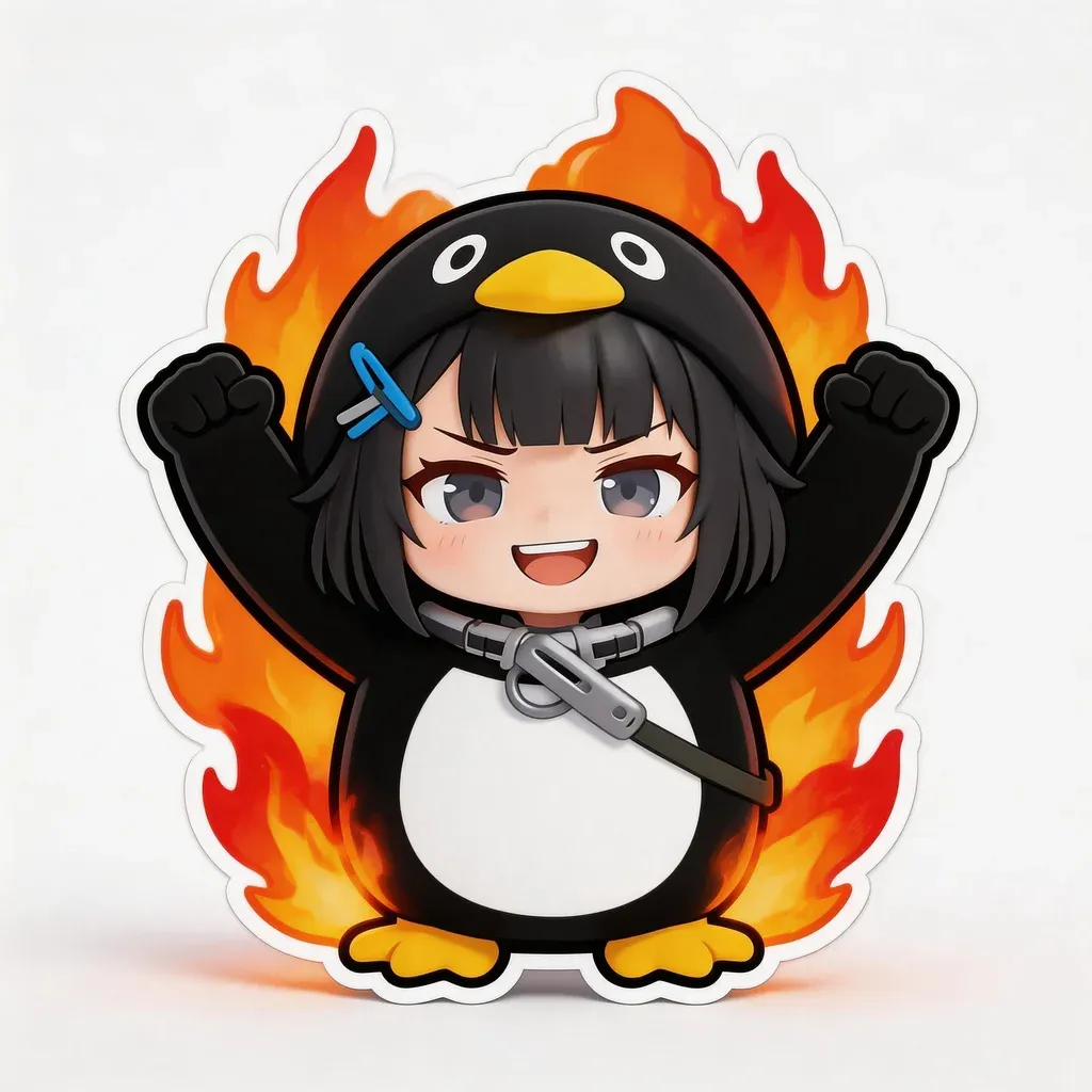 Gugu Gaga Penguin good luck sticker — fist pump cheering pose with fire aura effect