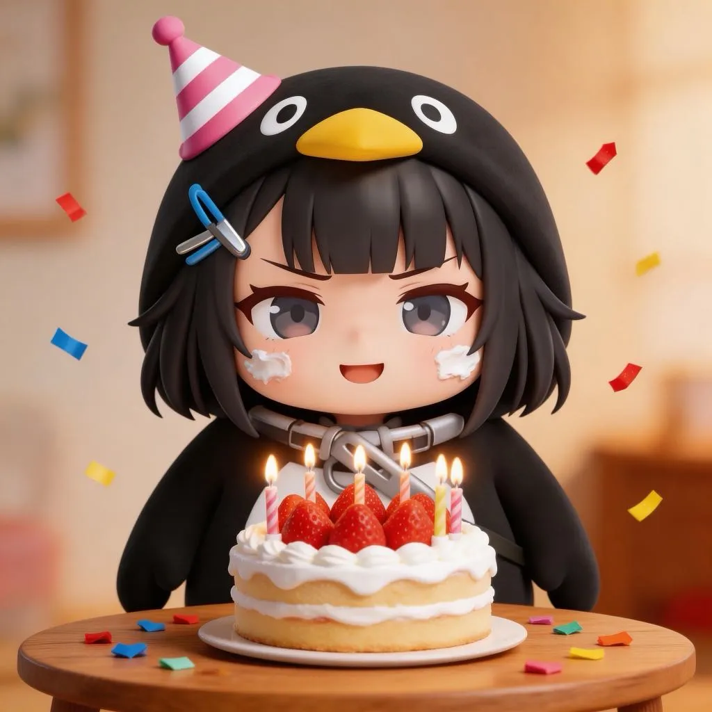 AI-generated gugugaga penguin eating cake with frosting