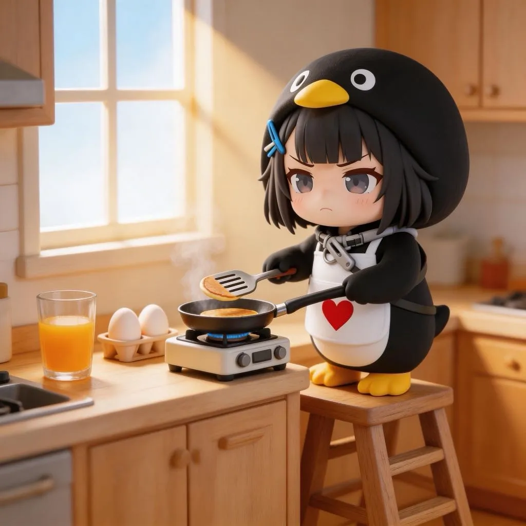 AI-generated gugugaga penguin: Making Breakfast