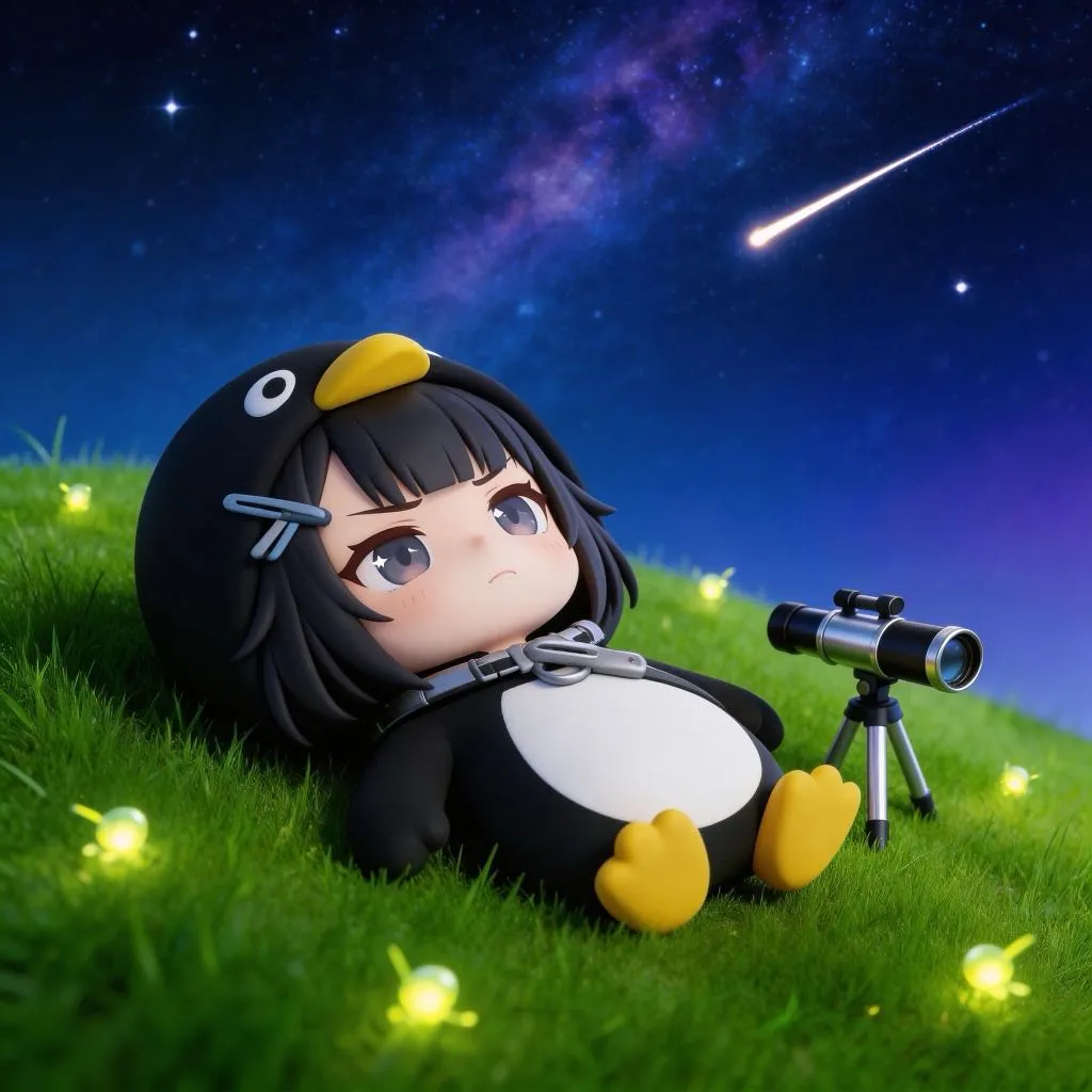 AI-generated gugugaga penguin stargazing at night