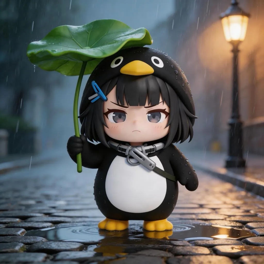 AI-generated gugugaga penguin walking in rain with leaf umbrella