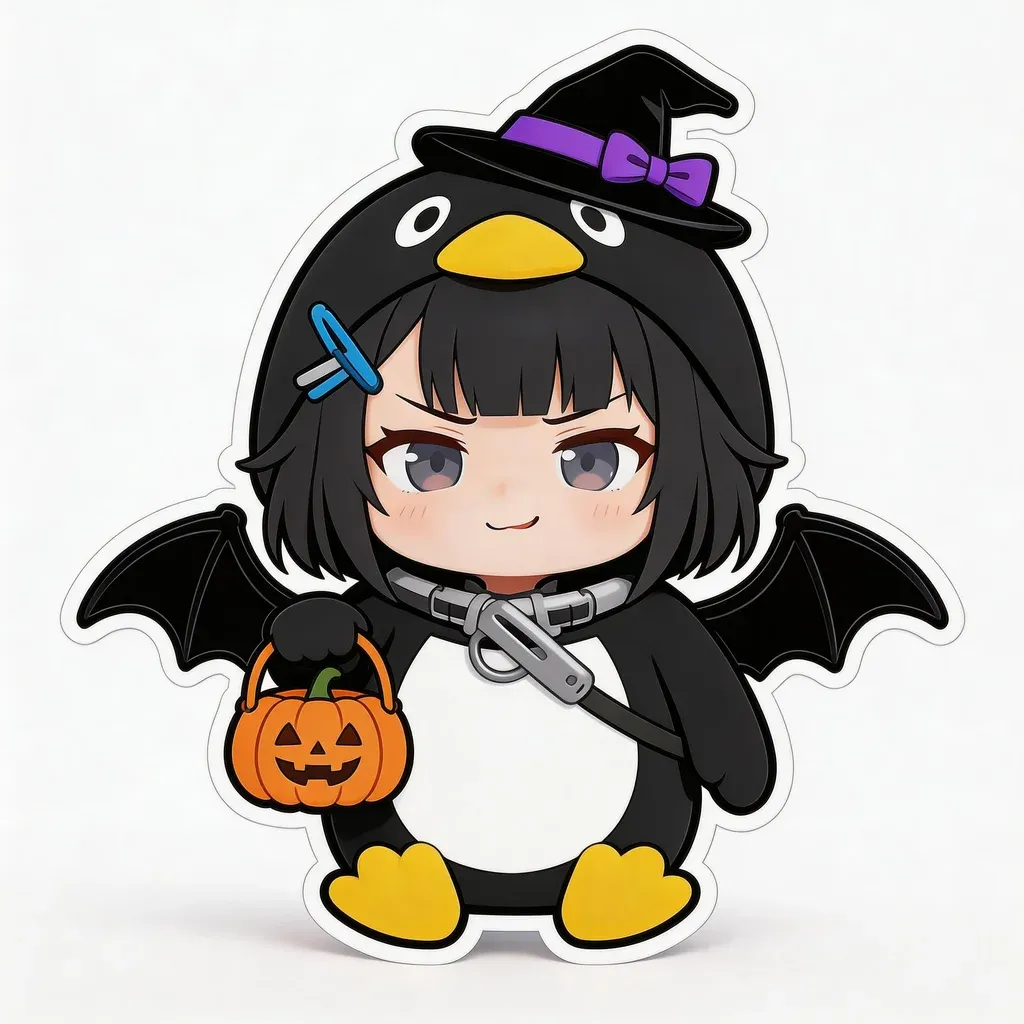 Gugu Gaga Penguin Halloween meme — wearing witch hat with pumpkin basket and bat wings