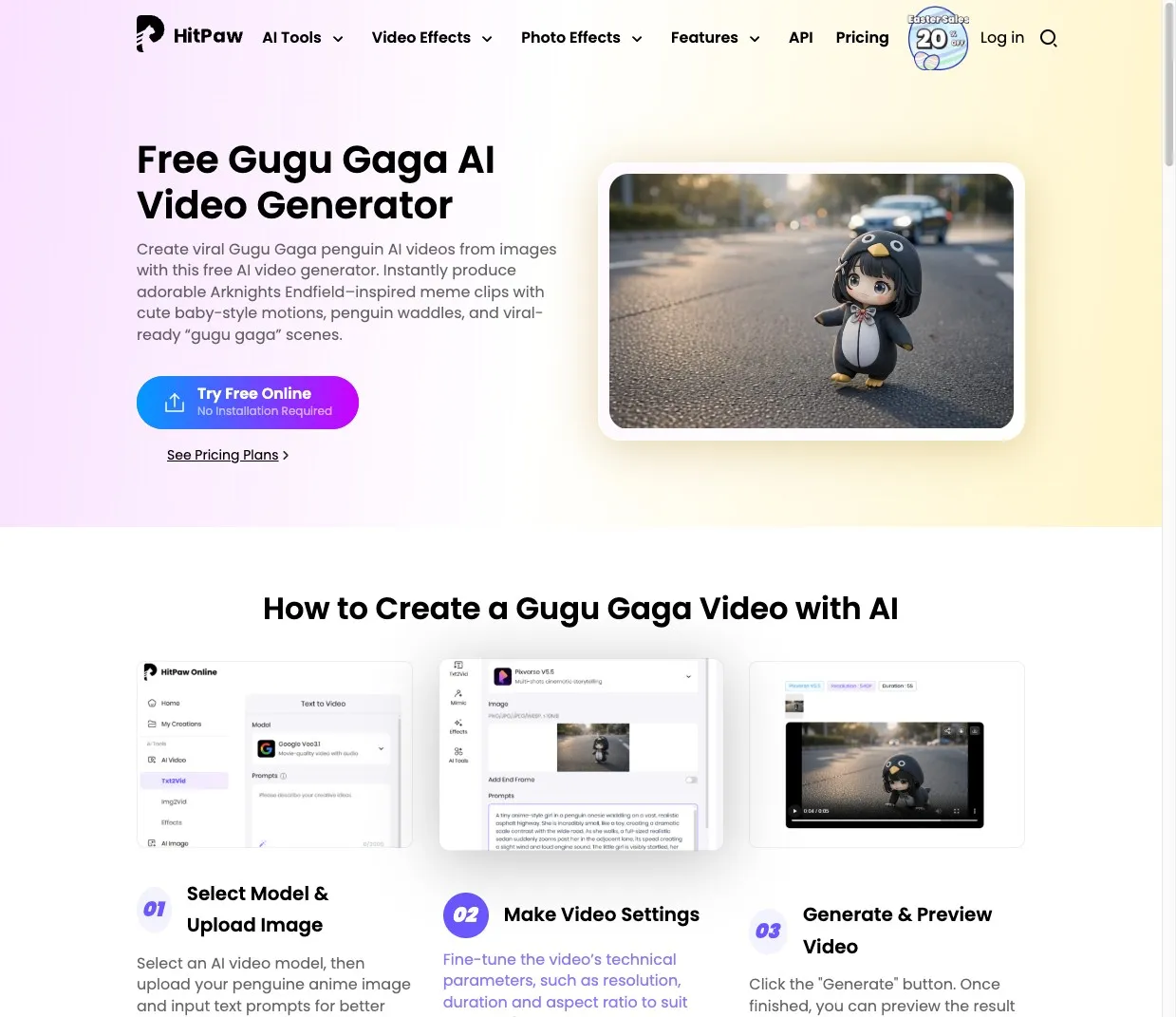 HitPaw dedicated Gugugaga AI video page with one-click workflow