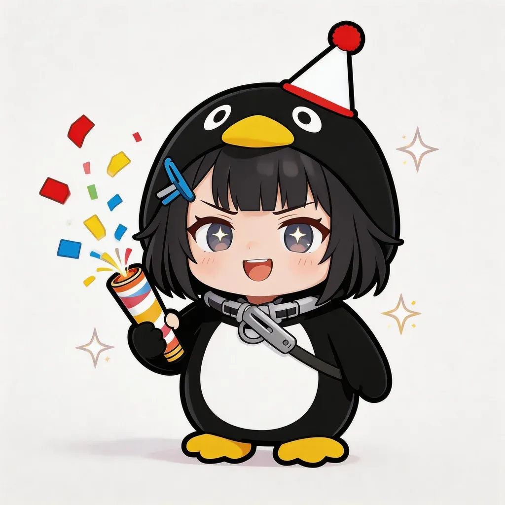 Gugu Gaga Penguin New Year meme — holding sparklers with golden crown and fireworks