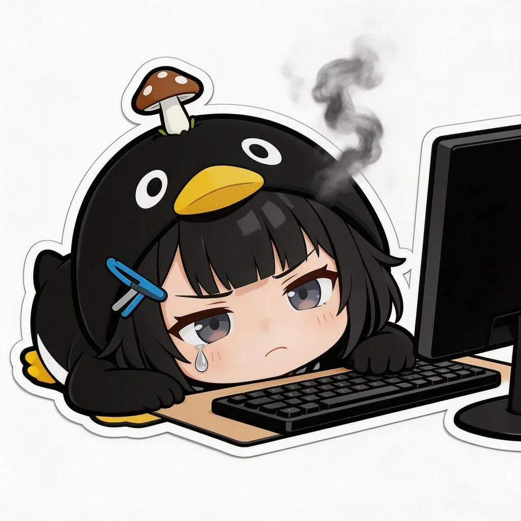 Gugu Gaga Penguin overtime meme — slumped over desk with mushroom growing on head