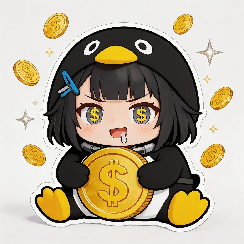 Gugu Gaga Penguin payday meme — gleaming eyes hugging giant gold coin with money rain