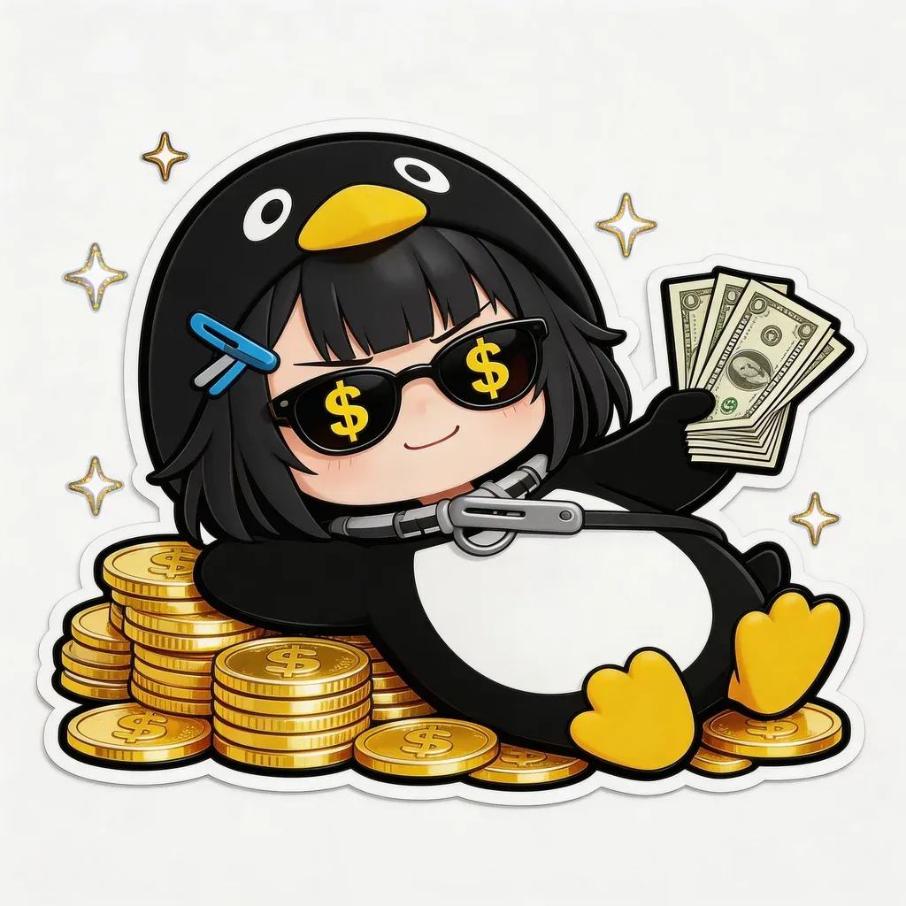 Gugu Gaga Penguin rich mood meme — smug face lying on gold coins with sunglasses
