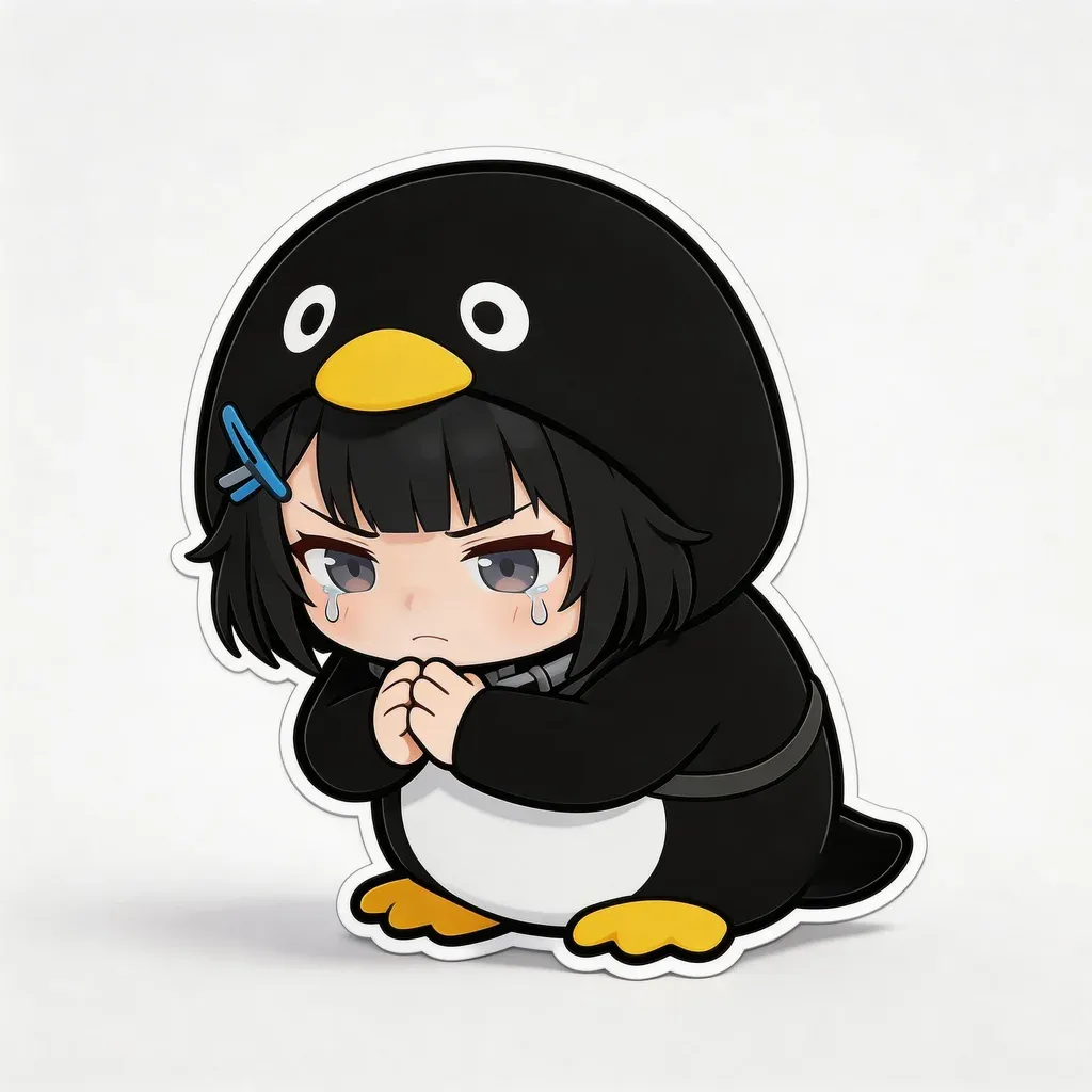 Gugu Gaga Penguin sad reaction meme — teary eyes hugging knees with rain cloud above