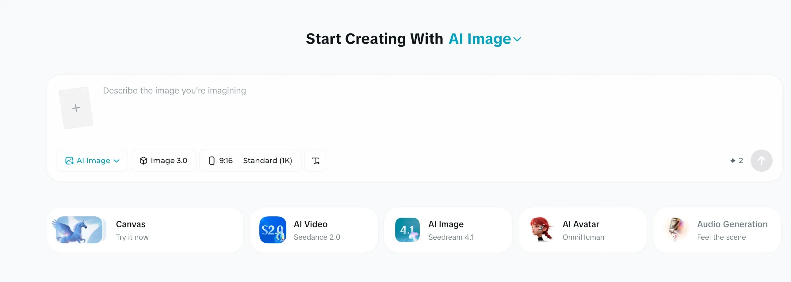 Página de inicio de Dreamina mostrando la herramienta AI Video Seedance 2.0 entre las opciones de creación