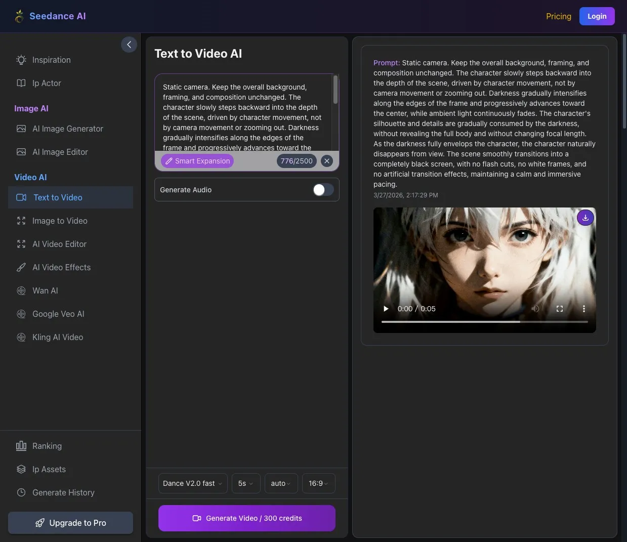 Seedance results page showing generated video with download button