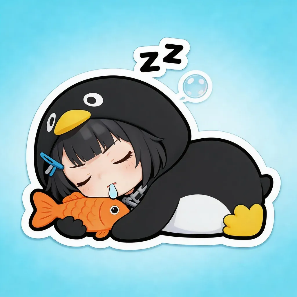 Gugu Gaga Penguin sleeping meme — curled up with fish plushie and tiny zzz floating