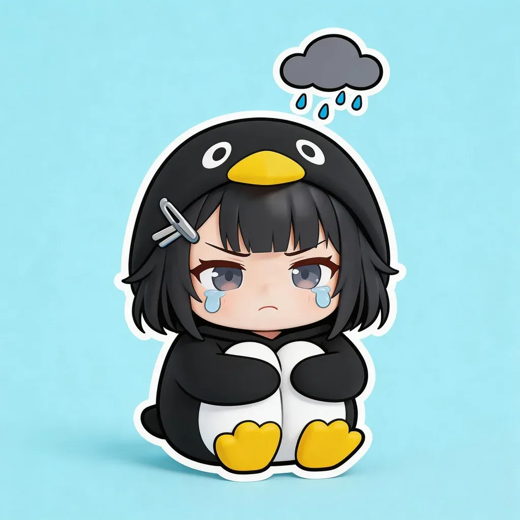 Gugu Gaga Penguin sorry sticker — apologetic deep bow with guilt sweat drops