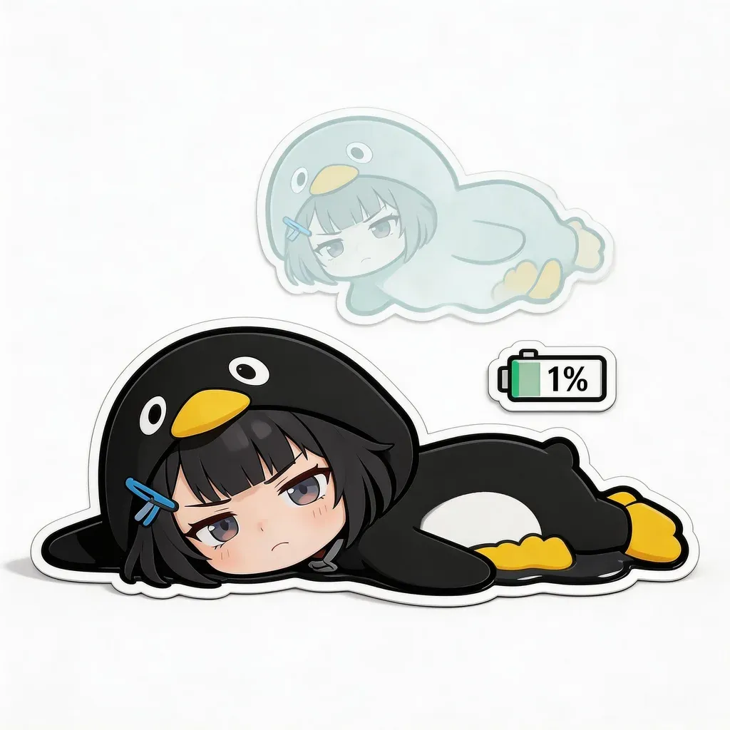 Gugu Gaga Penguin tired mood meme — exhausted lying flat with battery at one percent