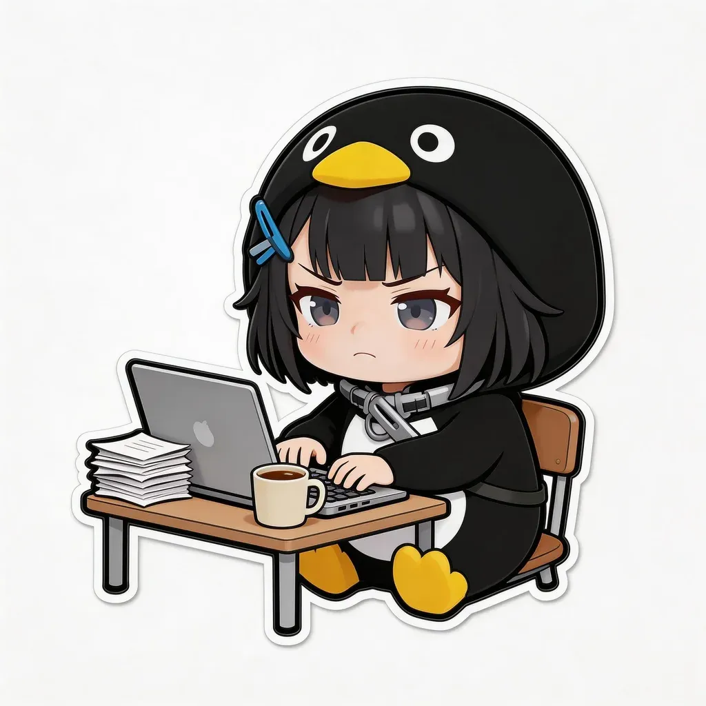 Gugu Gaga Penguin working meme — typing on laptop with coffee cup and messy papers