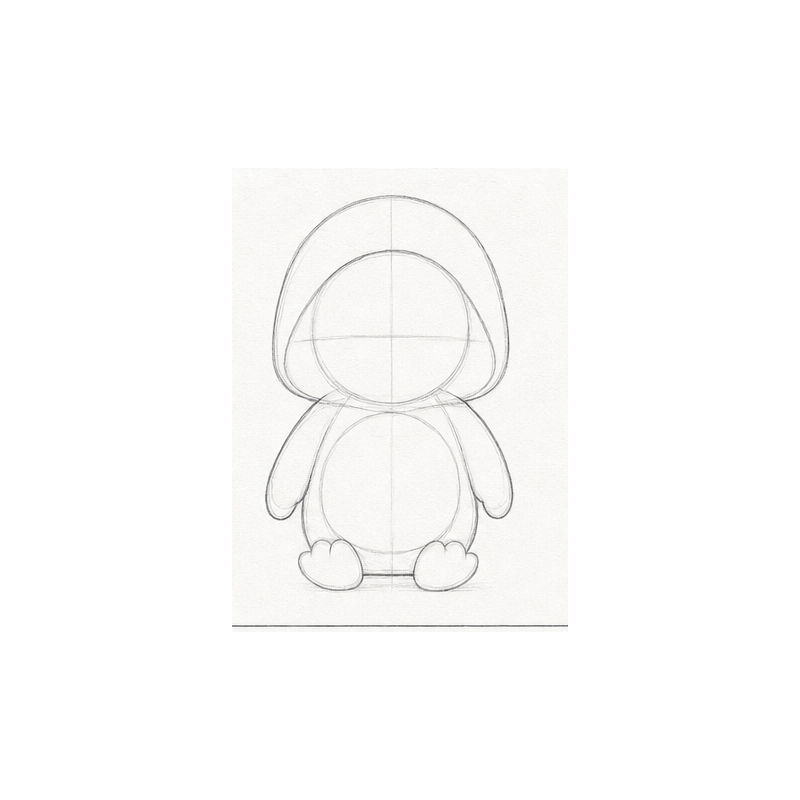 Step 2 — rough silhouette block-in of the chibi penguin body