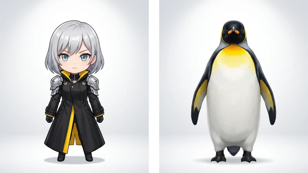 Side-by-side comparison: chibi Endministrator outfit (black coat, yellow lining, shoulder pauldrons) next to an emperor penguin showing matching color regions