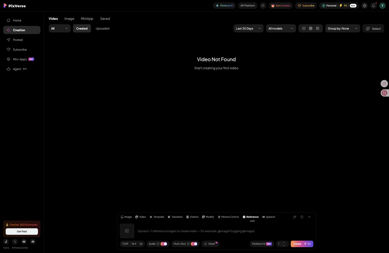 PixVerse Reference mode panel — character reference input (1-7 reference images), PixVerse V6 model, 720P 16:9 5s output with Audio and Multi-Shot toggles