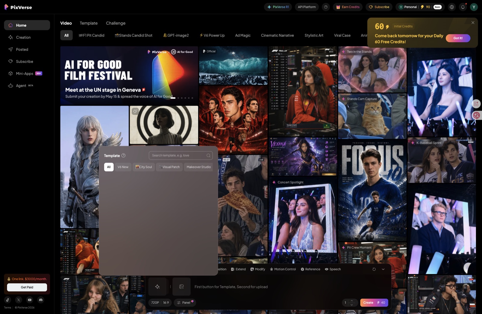 PixVerse Home feed showing community video output quality — cinematic narrative, stylistic art, viral cases, anime style results