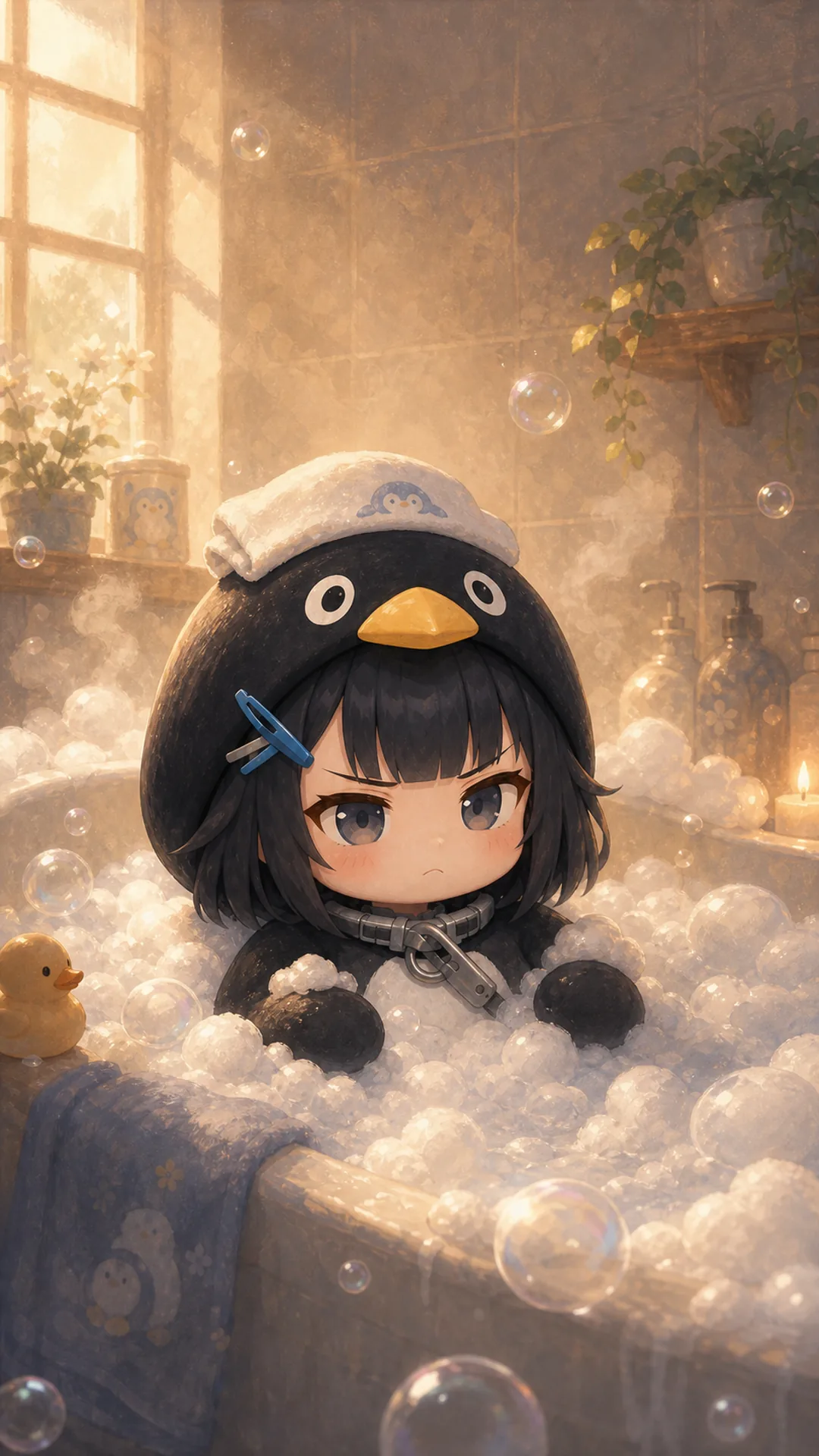 Papel de parede do Pinguim Gugugaga (Endmin / Endministrator) para celular — pinguim chibi em banho de espuma aconchegante com bolhas flutuantes, 1080×1920 9:16 vertical para iPhone e Android