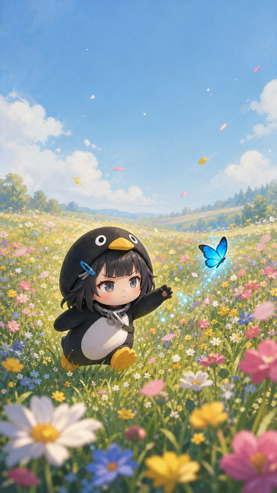 Papel de parede do Pinguim Gugugaga (Endmin / Endministrator) para celular — pinguim chibi perseguindo borboletas no prado de flores, 1080×1920 9:16 vertical para iPhone e Android