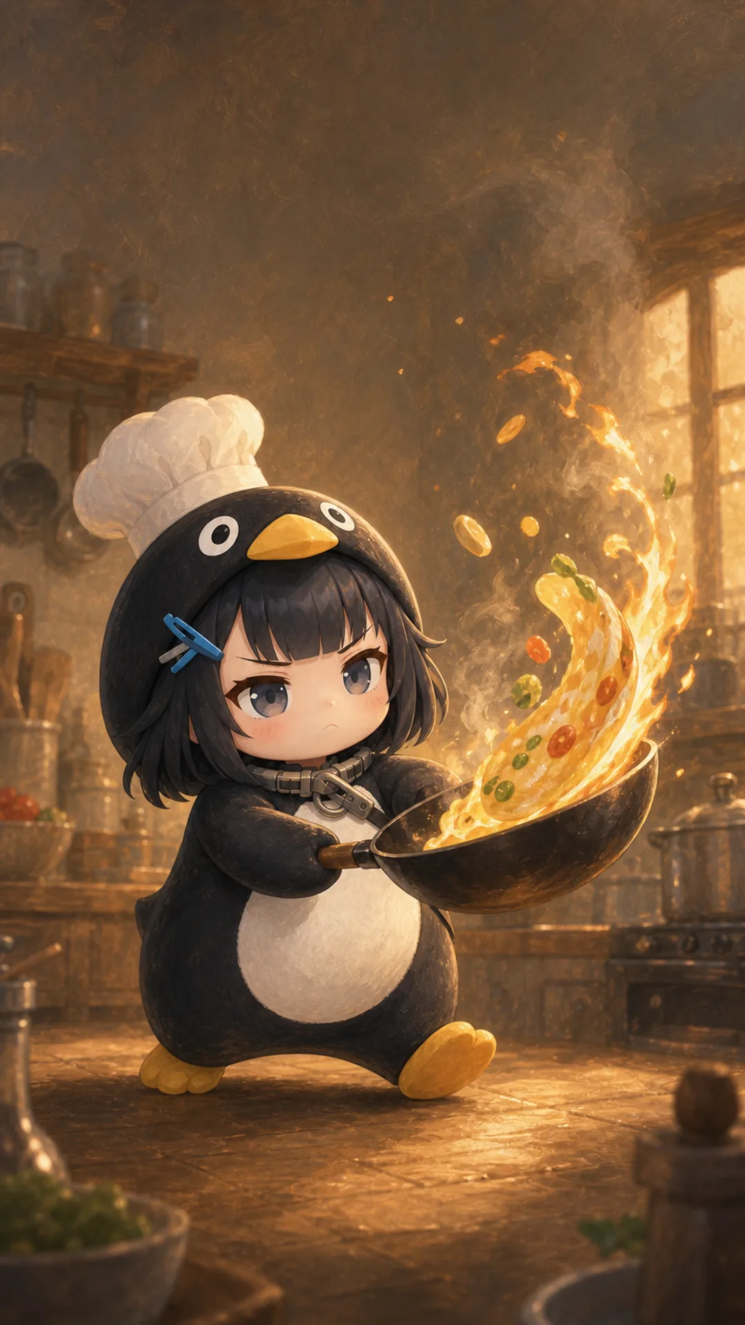 Papel de parede do Pinguim Gugugaga (Endmin / Endministrator) para celular — pinguim chibi chef jogando frigideira com chama dourada, 1080×1920 9:16 vertical para iPhone e Android