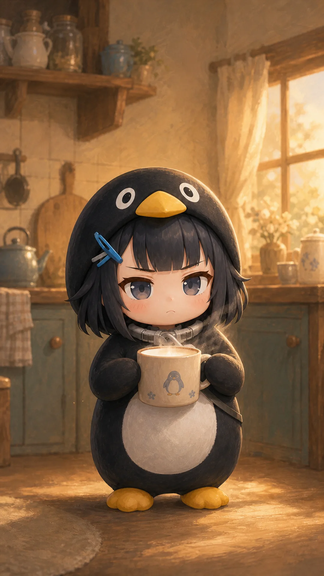 Papel de parede do Pinguim Gugugaga (Endmin / Endministrator) para celular — pinguim chibi bebendo leite quente na cozinha aconchegante, 1080×1920 9:16 vertical para iPhone e Android
