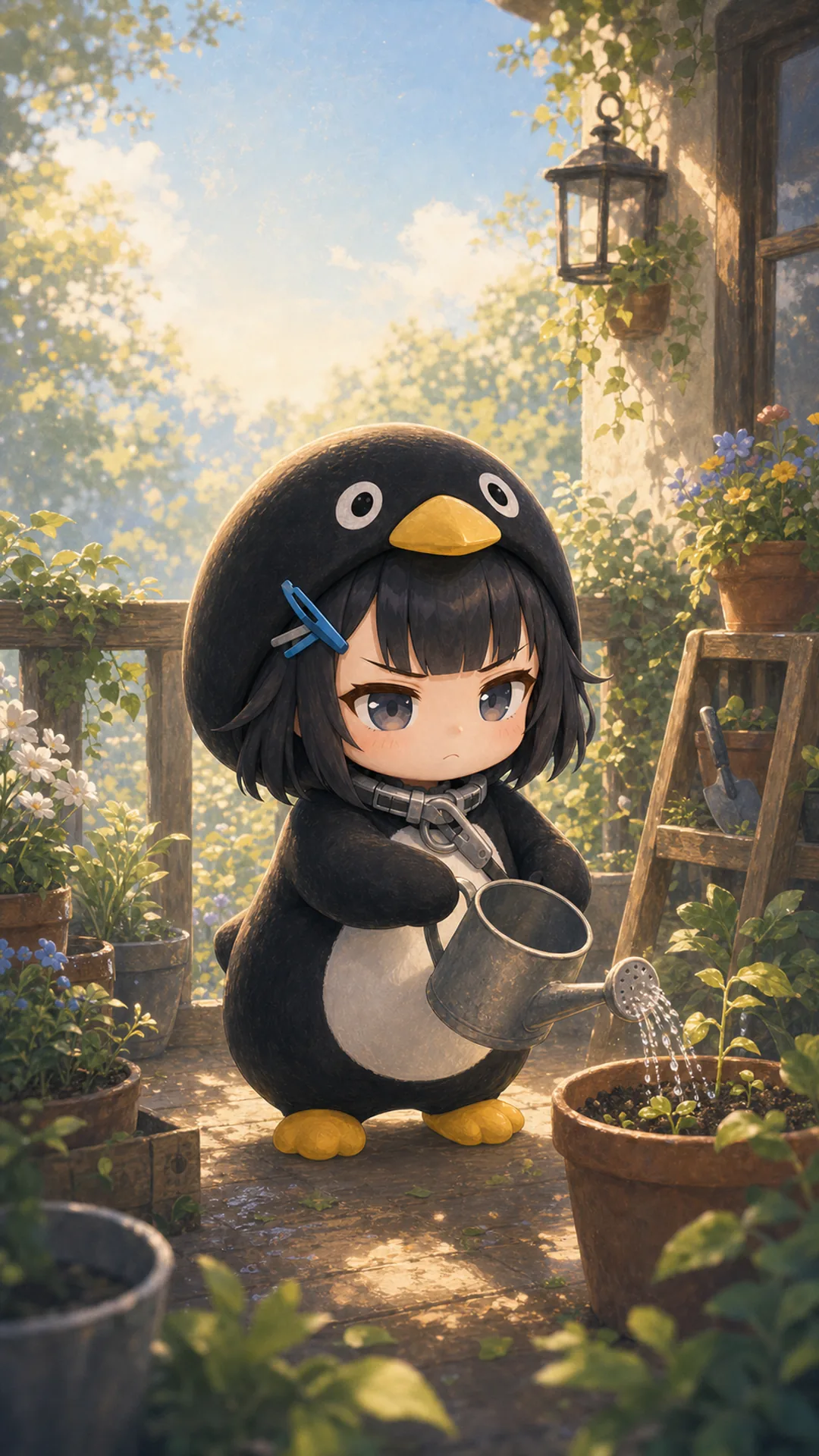 Papel de parede do Pinguim Gugugaga (Endmin / Endministrator) para celular — pinguim chibi regando plantas no jardim, 1080×1920 9:16 vertical para iPhone e Android