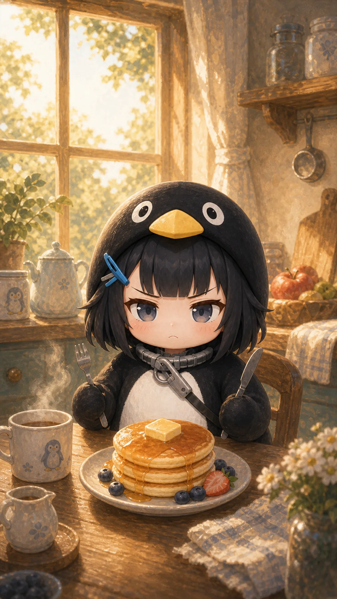 Papel de parede do Pinguim Gugugaga (Endmin / Endministrator) para celular — pinguim chibi no café da manhã com panquecas, 1080×1920 9:16 vertical para iPhone e Android