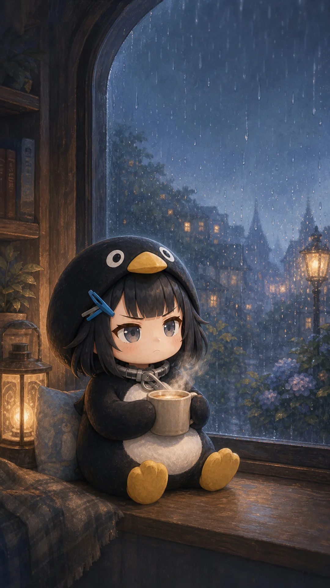Papel de parede do Pinguim Gugugaga (Endmin / Endministrator) para celular — pinguim chibi observando gotas na janela, 1080×1920 9:16 vertical para iPhone e Android