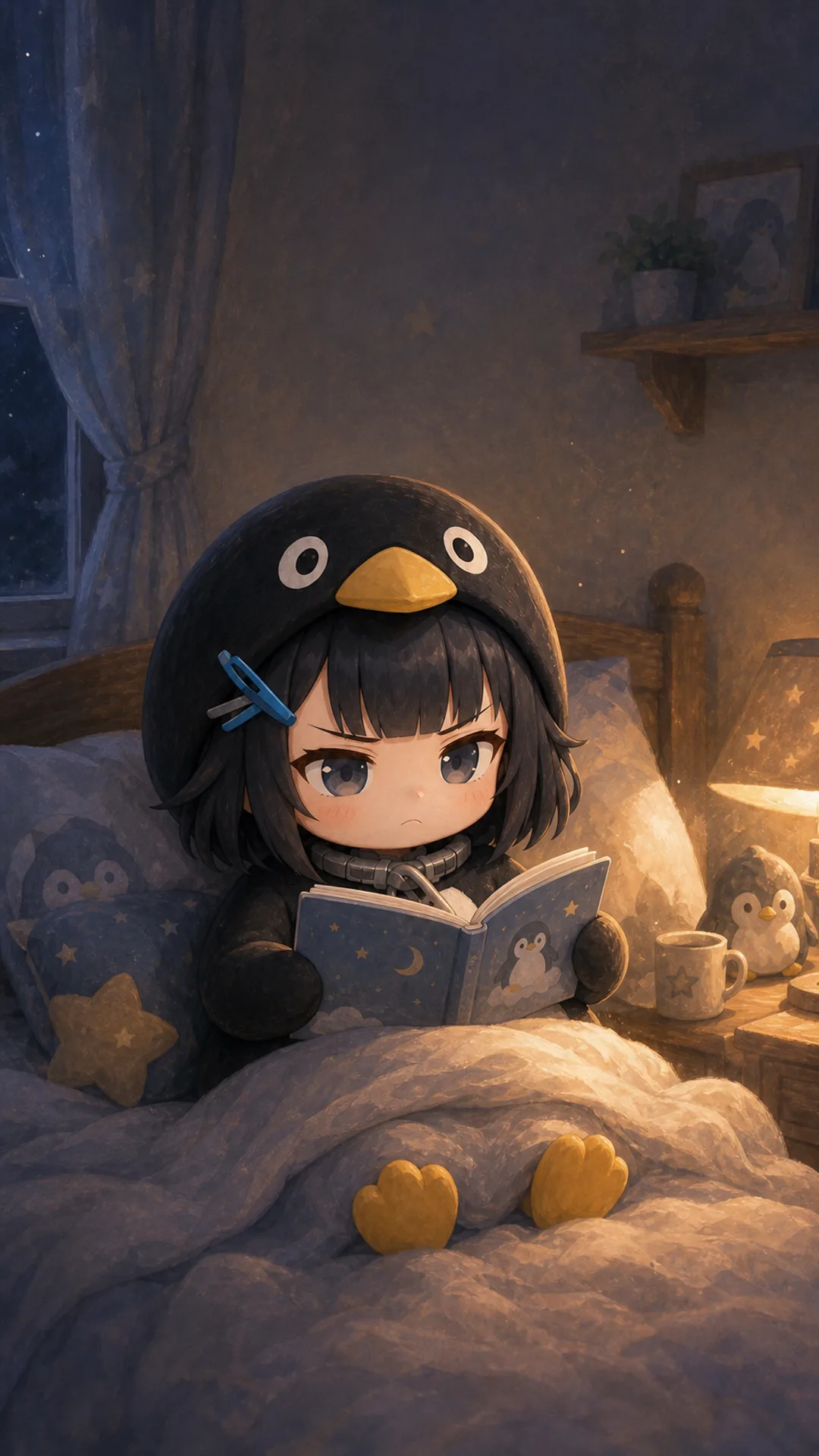 Papel de parede do Pinguim Gugugaga (Endmin / Endministrator) para celular — pinguim chibi lendo livro na cama, 1080×1920 9:16 vertical para iPhone e Android