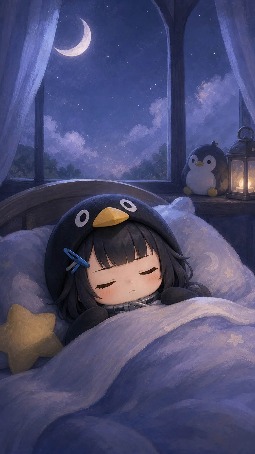 Papel de parede do Pinguim Gugugaga (Endmin / Endministrator) para celular — pinguim chibi dormindo à luz da lua, 1080×1920 9:16 vertical para iPhone e Android