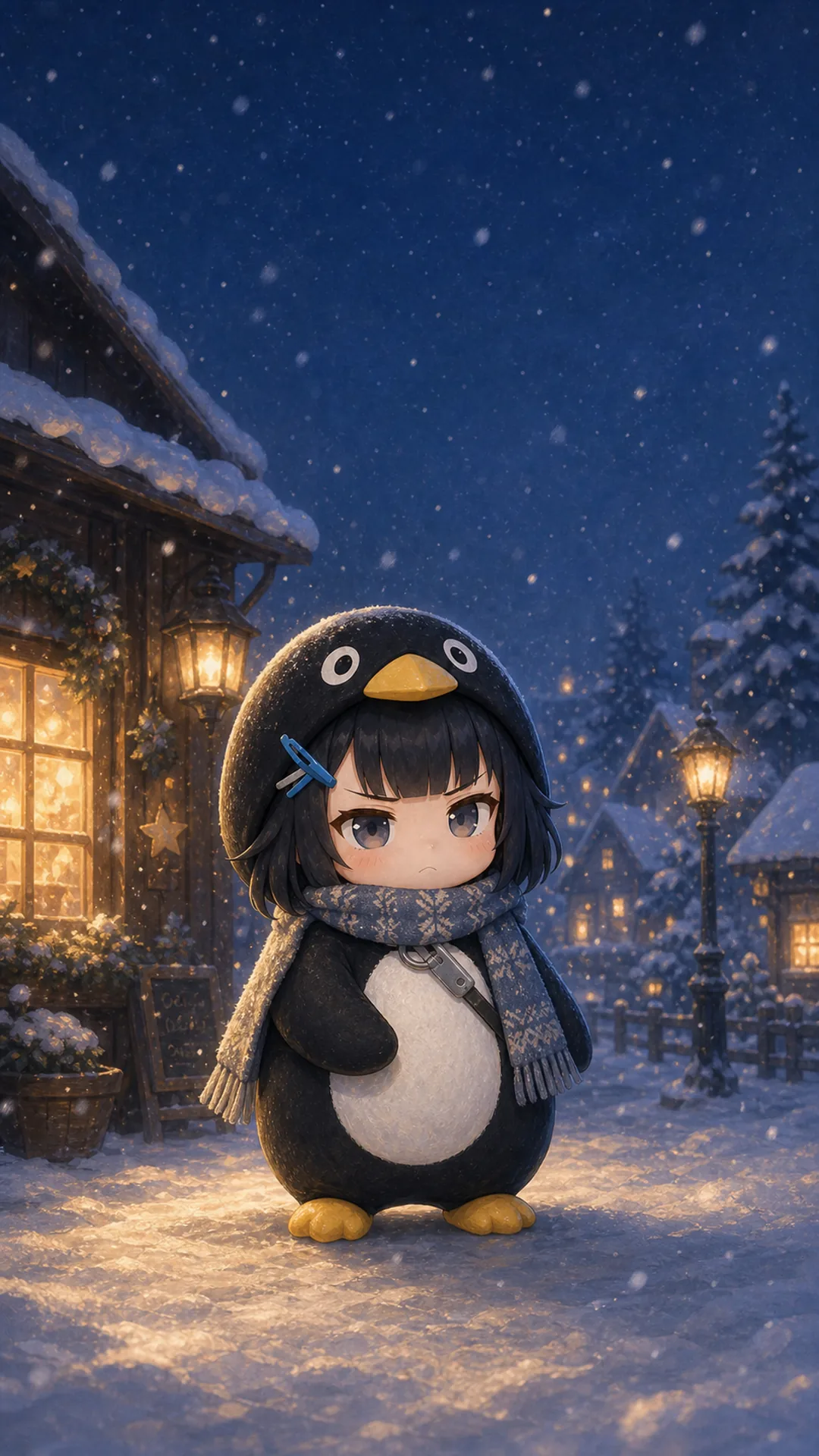 Papel de parede do Pinguim Gugugaga (Endmin / Endministrator) para celular — pinguim chibi na neve caindo à noite, 1080×1920 9:16 vertical para iPhone e Android