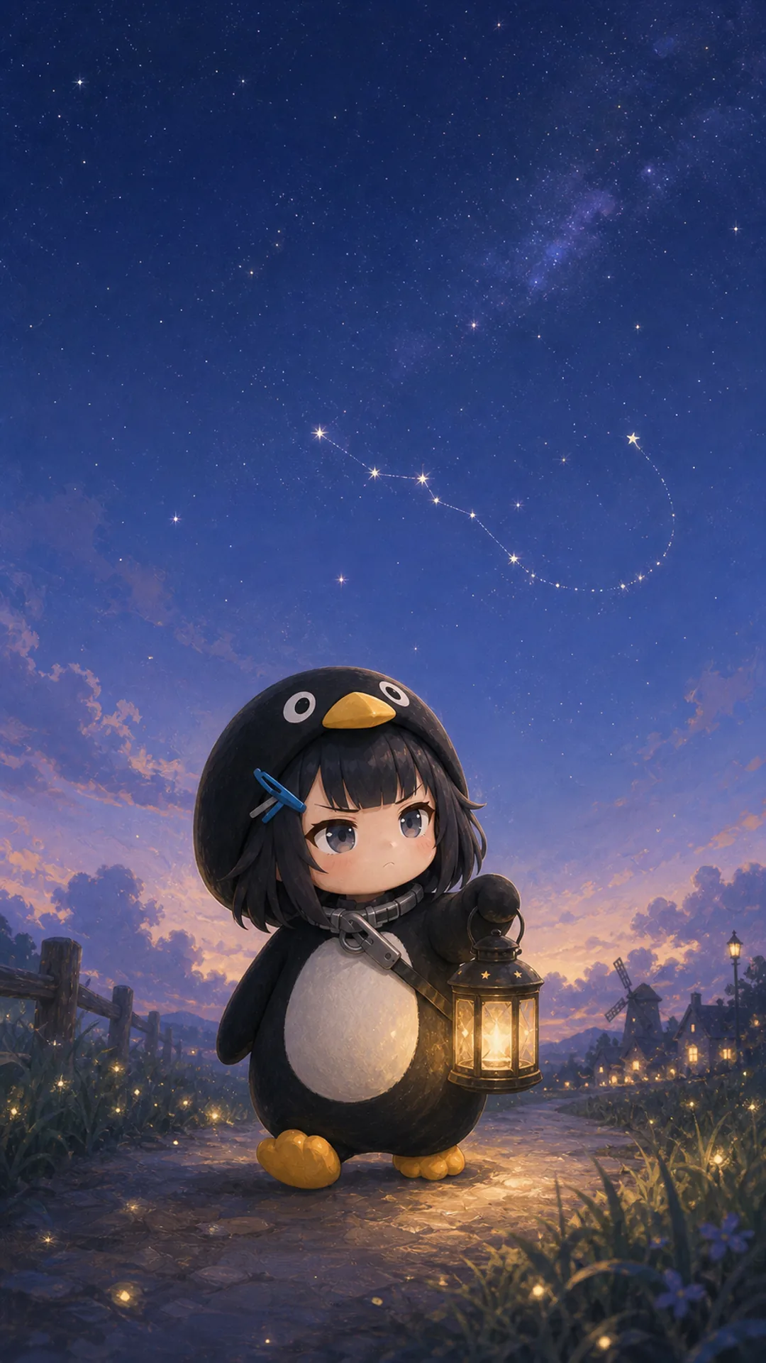Papel de parede do Pinguim Gugugaga (Endmin / Endministrator) para celular — pinguim chibi caminhando sob o céu estrelado, 1080×1920 9:16 vertical para iPhone e Android